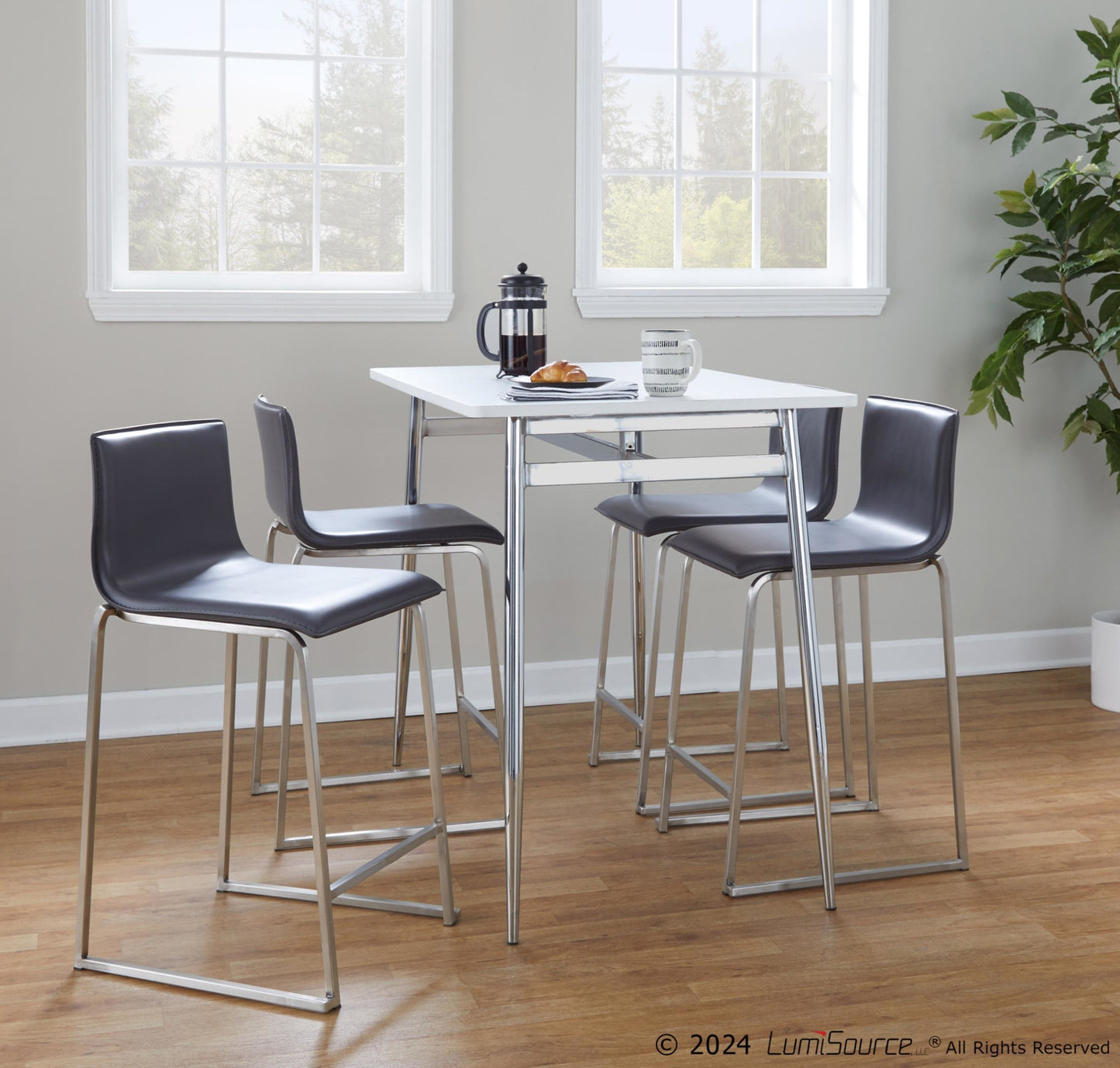 Marcel-Mara Upholstered Contemporary Counter Height Dining Set in Chrome Metal with White Wood Tabletop and Stainless Steel with Grey Faux Leather by LumiSource - 5 Piece