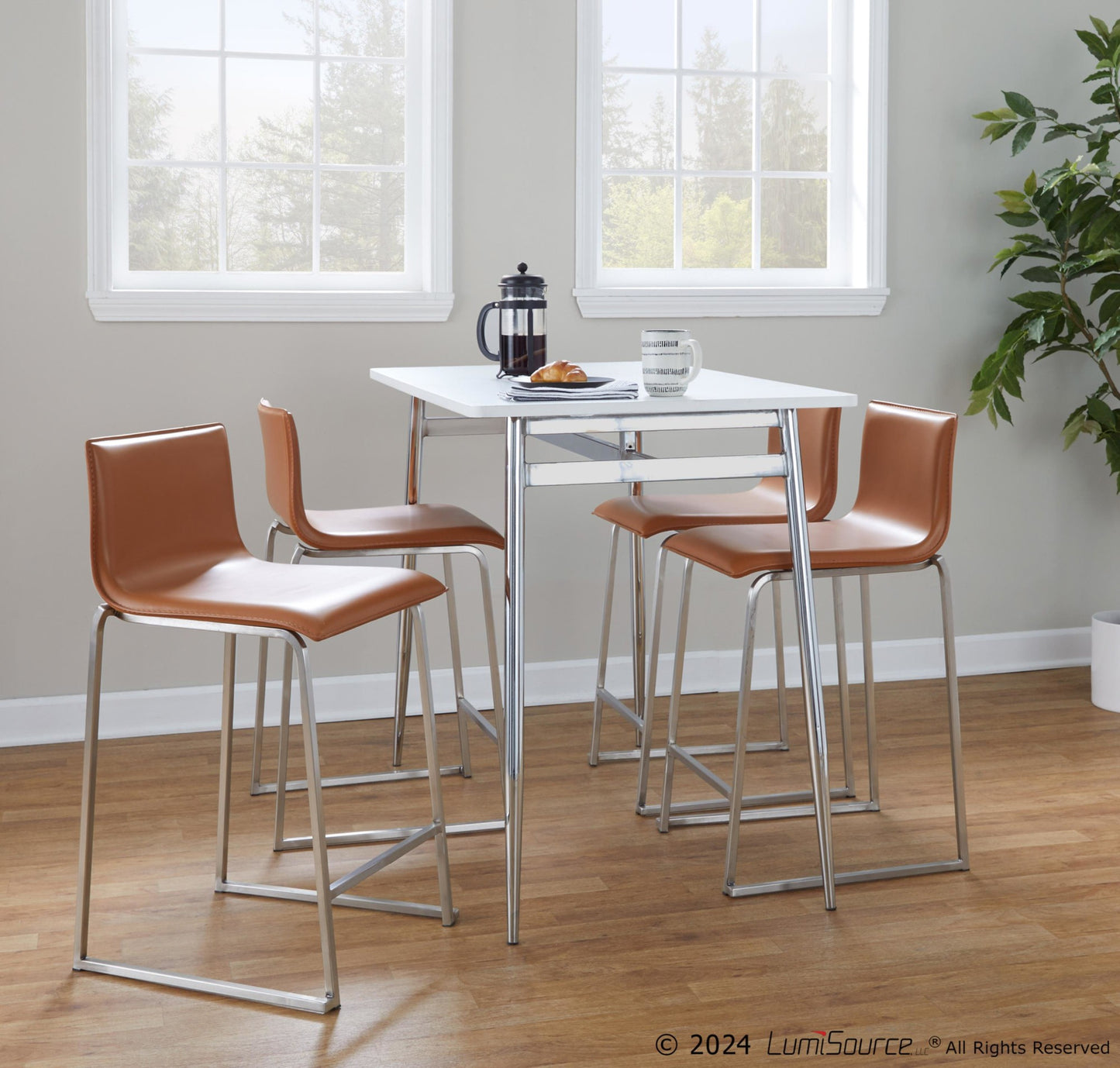 Marcel-Mara Upholstered Contemporary Counter Height Dining Set in Chrome Metal with White Wood Tabletop and Stainless Steel with Camel Faux Leather by LumiSource - 5 Piece