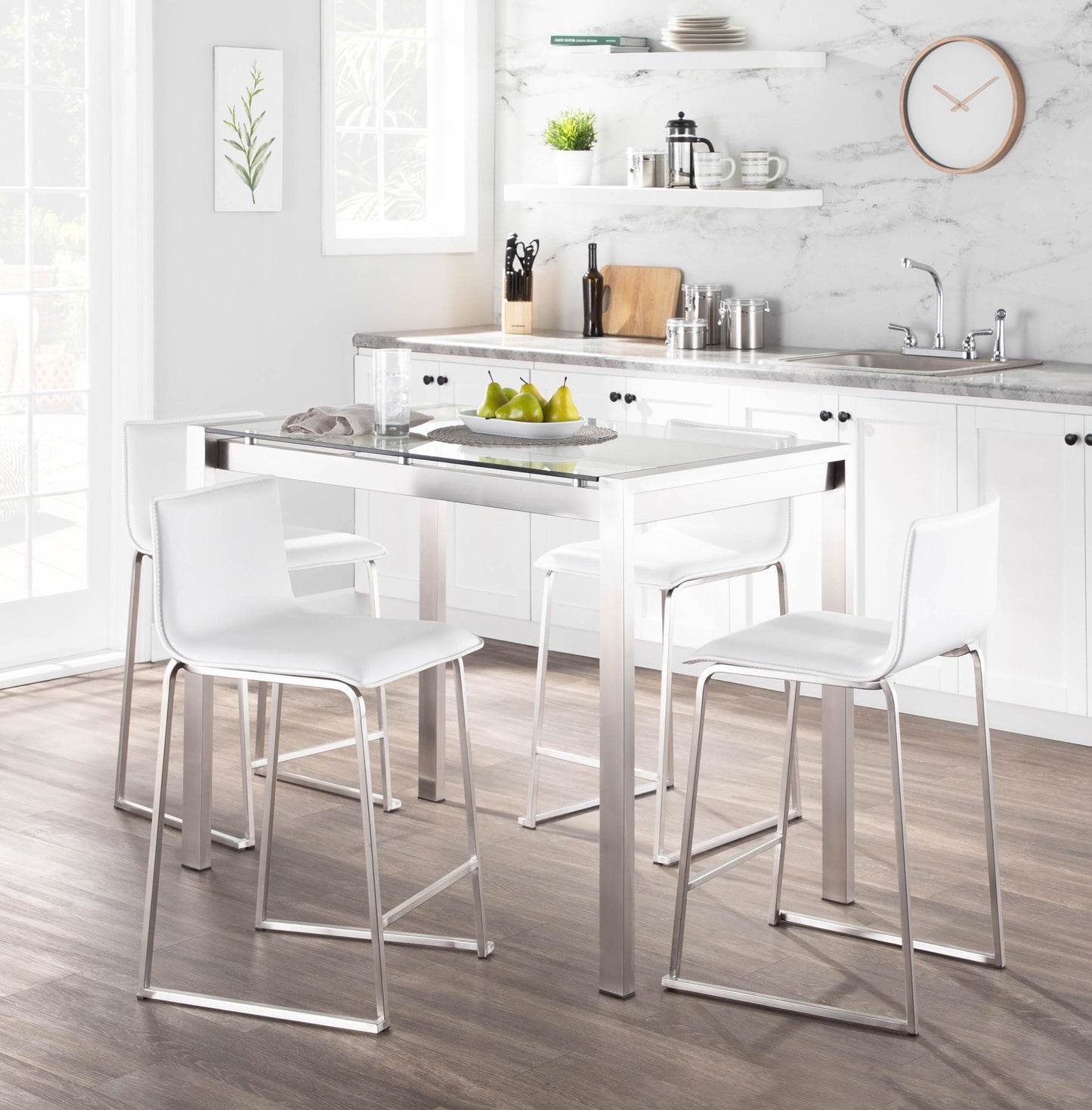 Fuji-Mara Upholstered Contemporary Counter Height Dining Set in Brushed Stainless Steel, Clear Tempered Glass Tabletop and White Faux Leather by LumiSource - 5 Piece