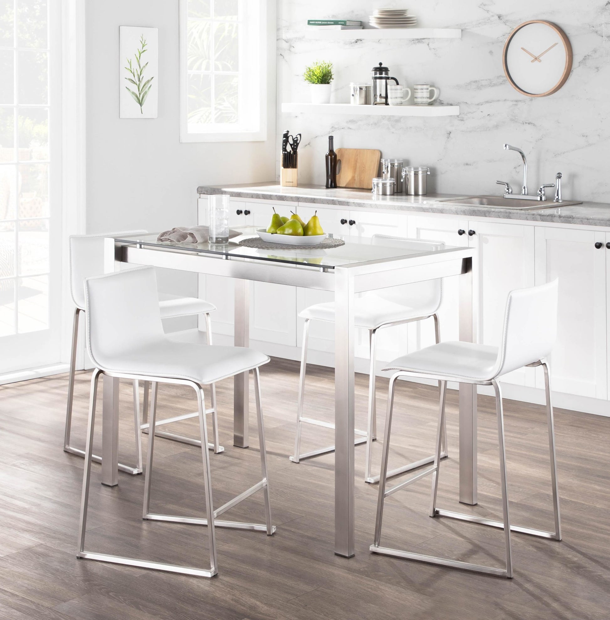 Fuji-Mara Upholstered Contemporary Counter Height Dining Set in Brushed Stainless Steel, Clear Tempered Glass Tabletop and White Faux Leather by LumiSource - 5 Piece