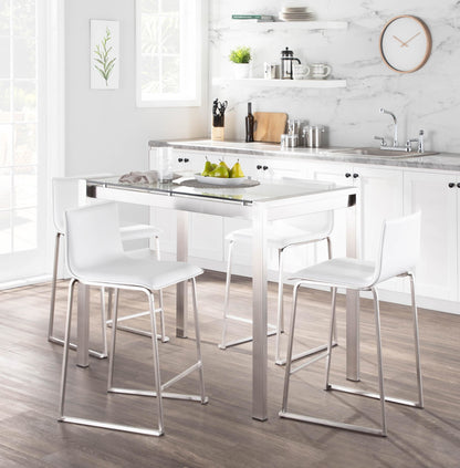 Fuji-Mara Upholstered Contemporary Counter Height Dining Set in Brushed Stainless Steel, Clear Tempered Glass Tabletop and White Faux Leather by LumiSource - 5 Piece