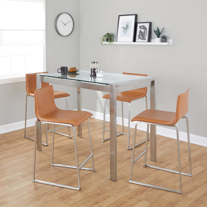 Fuji-Mara Upholstered Contemporary Counter Height Dining Set in Brushed Stainless Steel, Clear Tempered Glass Tabletop and Camel Faux Leather by LumiSource - 5 Piece