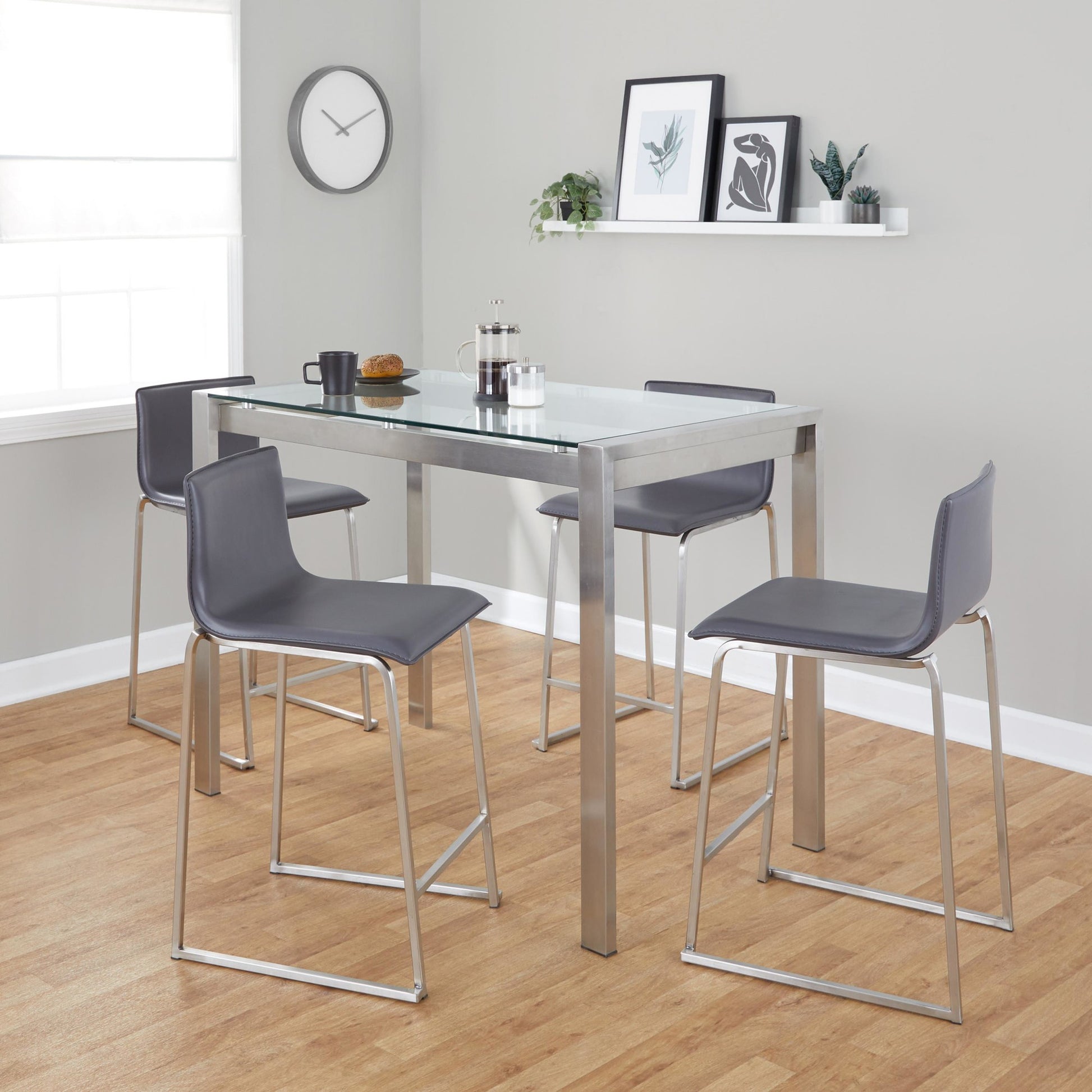 Fuji-Mara Upholstered Contemporary Counter Height Dining Set in Brushed Stainless Steel, Clear Tempered Glass Tabletop and Grey Faux Leather by LumiSource - 5 Piece