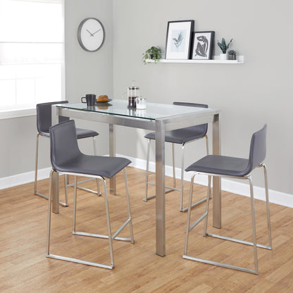Fuji-Mara Upholstered Contemporary Counter Height Dining Set in Brushed Stainless Steel, Clear Tempered Glass Tabletop and Grey Faux Leather by LumiSource - 5 Piece