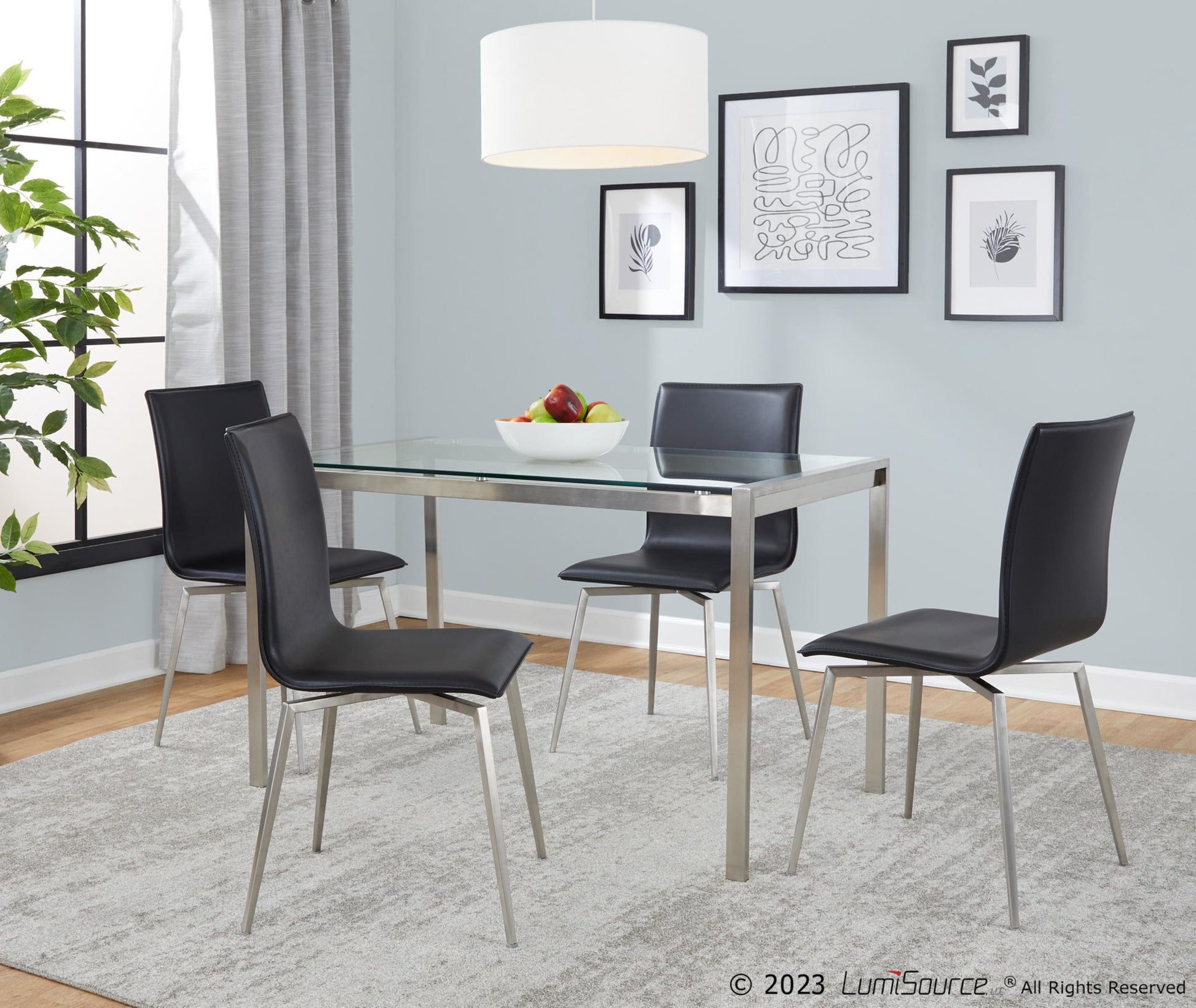 Fuji-Mason Upholstered Swivel Contemporary Dining Set in Brushed Stainless Steel, Clear Glass, and Black Faux Leather by LumiSource - 5 Piece
