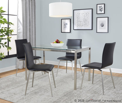 Fuji-Mason Upholstered Swivel Contemporary Dining Set in Brushed Stainless Steel, Clear Glass, and Black Faux Leather by LumiSource - 5 Piece