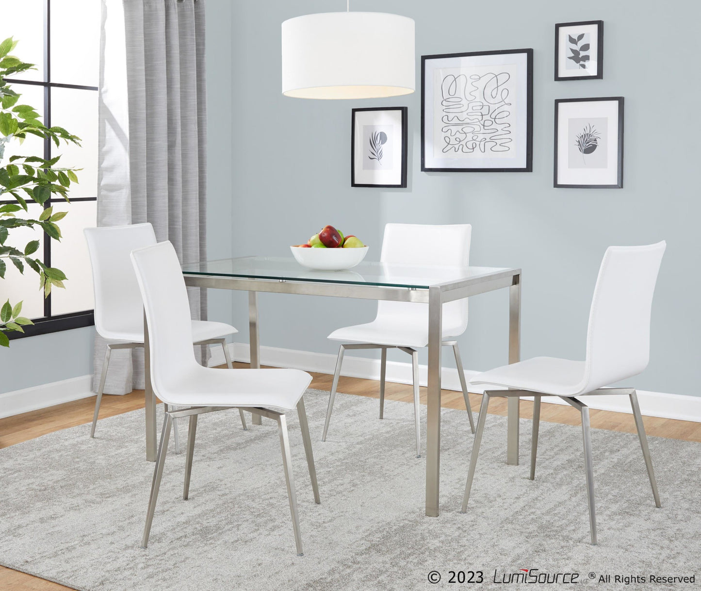 Fuji-Mason Upholstered Swivel Contemporary Dining Set in Brushed Stainless Steel, Clear Glass, and White Faux Leather by LumiSource - 5 Piece