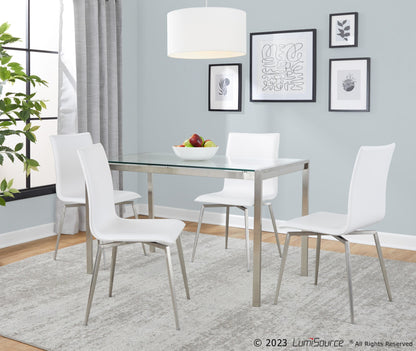 Fuji-Mason Upholstered Swivel Contemporary Dining Set in Brushed Stainless Steel, Clear Glass, and White Faux Leather by LumiSource - 5 Piece