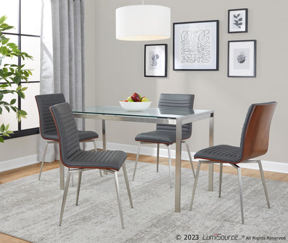 Fuji-Mason Swivel Contemporary Dining Set Dining Set in Brushed Stainless Steel, Clear Glass, Walnut Wood and Grey Faux Leather by LumiSource - 5 Piece