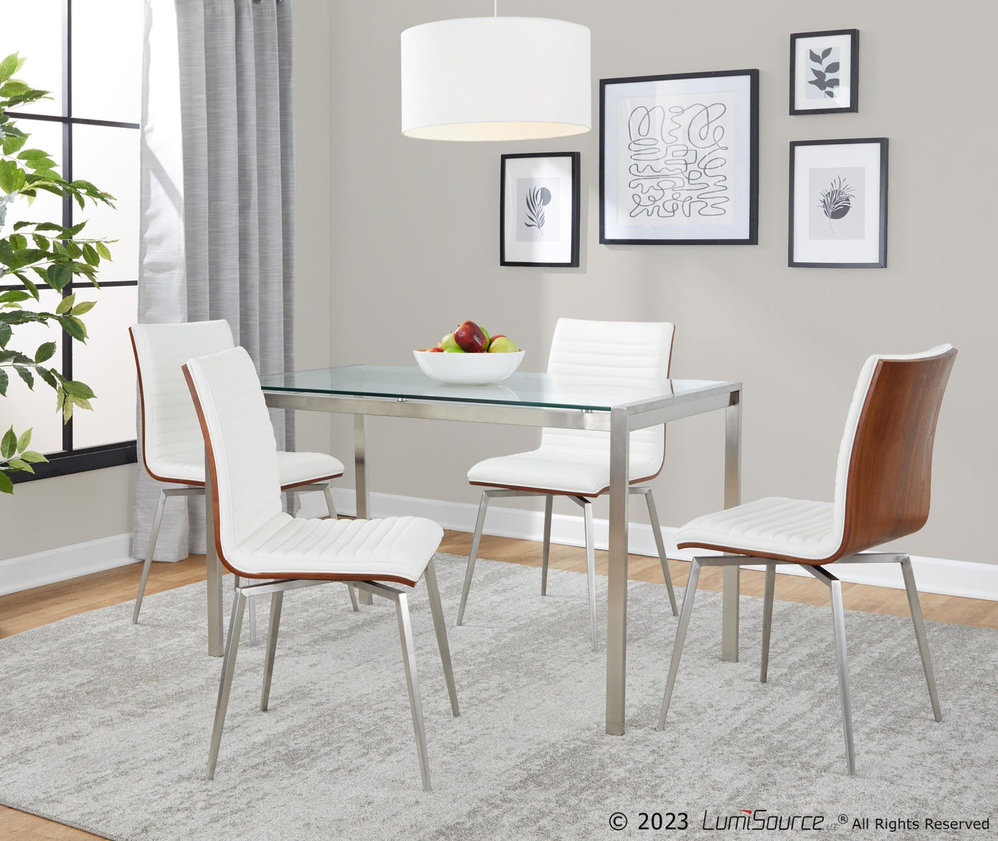 Fuji-Mason Swivel Contemporary Dining Set Dining Set in Brushed Stainless Steel, Clear Glass, Walnut Wood and White Faux Leather by LumiSource - 5 Piece