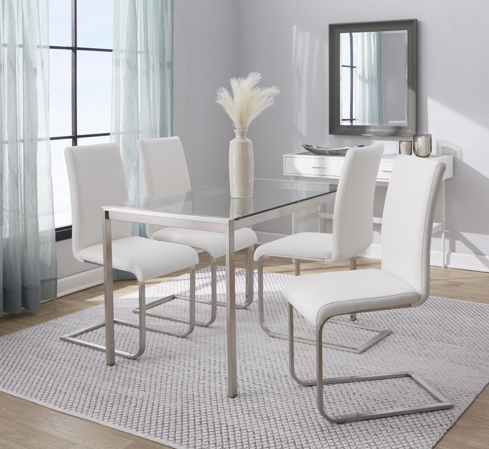 Fuji-Foster Contemporary Dining Set in Stainless Steel, Clear Glass and White Faux Leather by LumiSource - 5 Piece