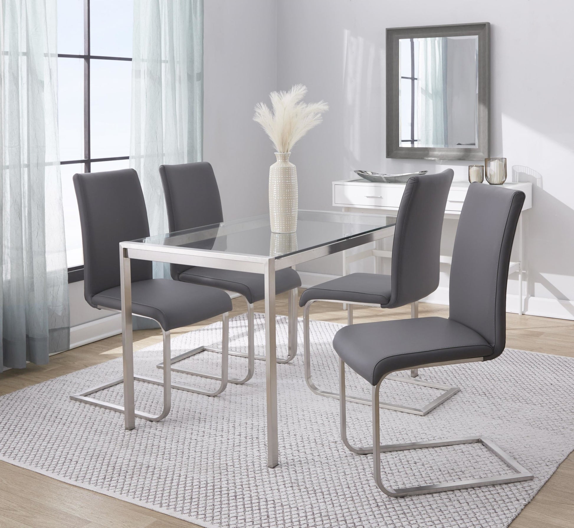 Fuji-Foster Contemporary Dining Set in Stainless Steel, Clear Glass and Grey Faux Leather by LumiSource - 5 Piece