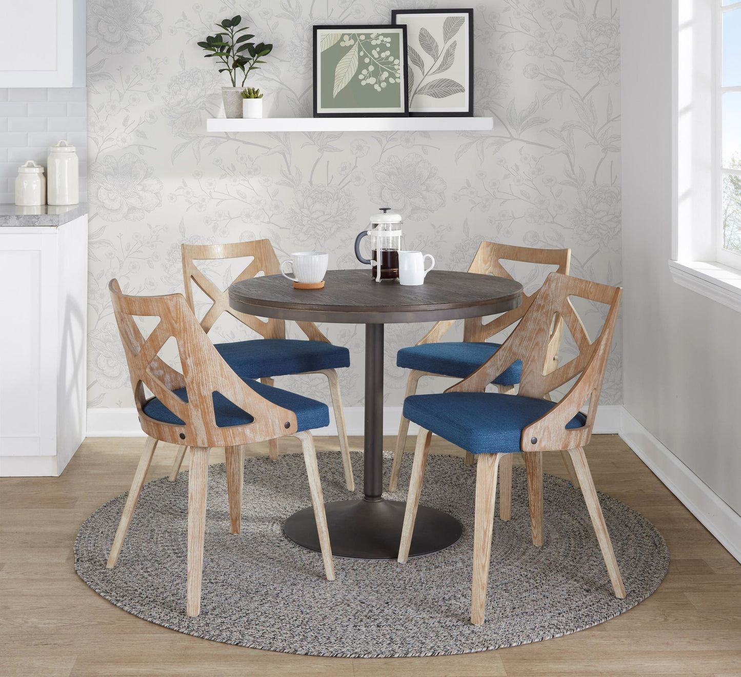 Dakota-Charlotte Contemporary 5 Piece Dining Set in Antique Metal, Blue Fabric