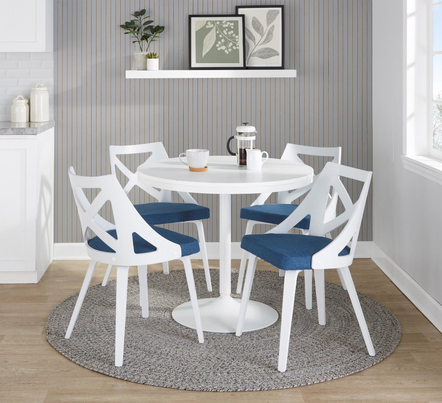 Dakota-Charlotte Contemporary 5 Piece Dining Set in White Steel, Grey Fabric