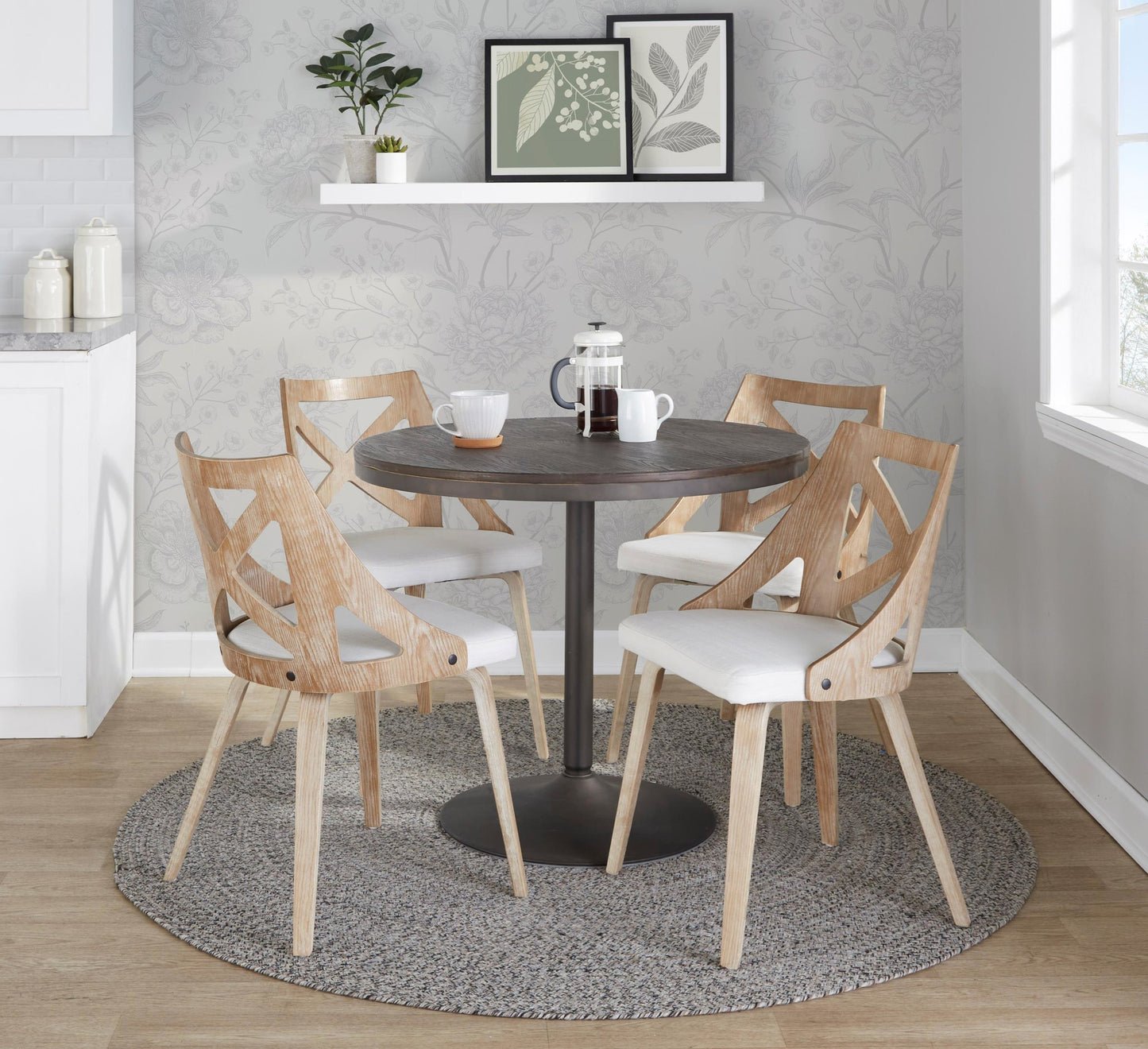 Dakota-Charlotte Contemporary 5 Piece Dining Set in Antique Metal, Cream Noise Fabric