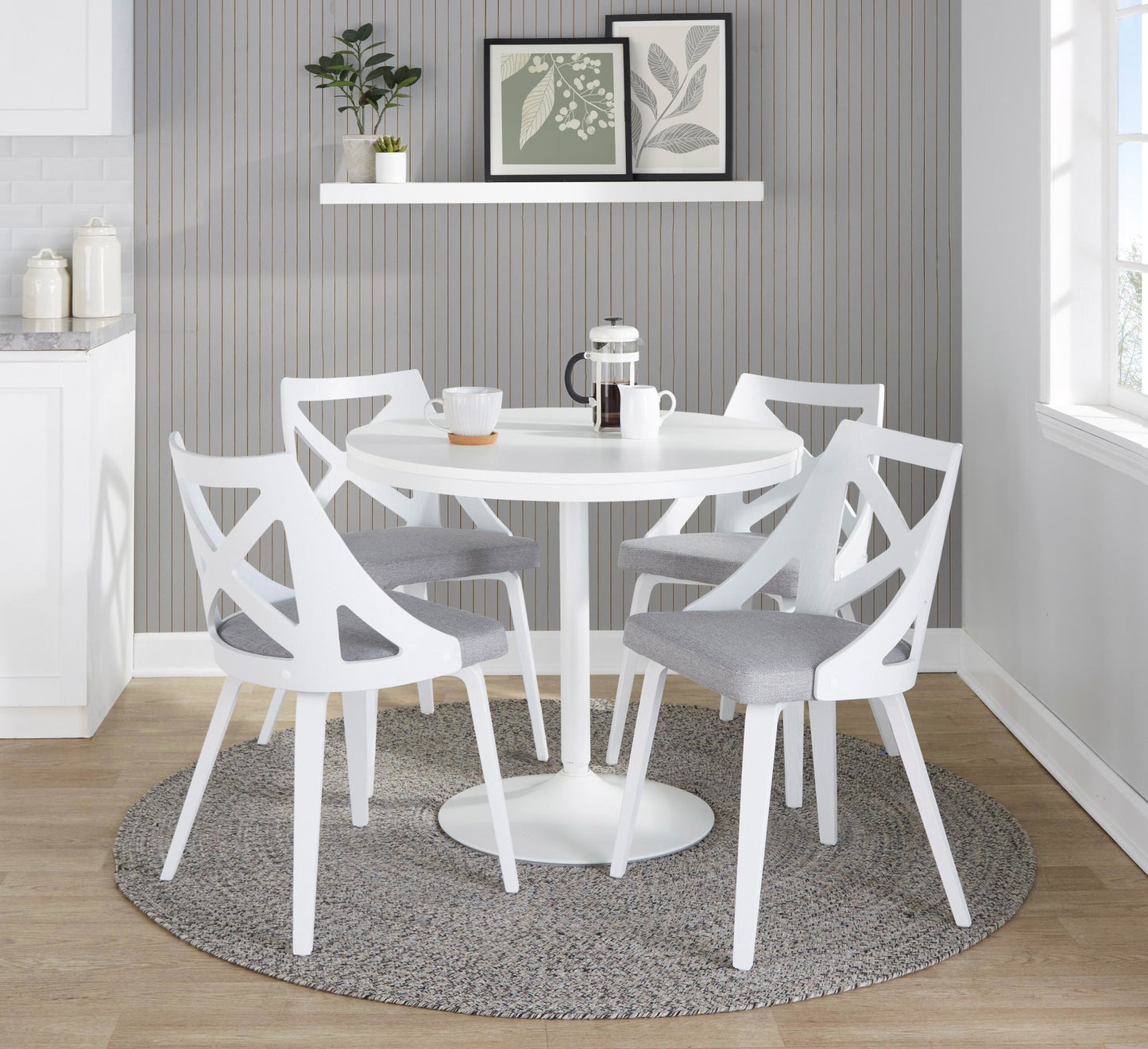 Dakota-Charlotte Contemporary 5 Piece Dining Set in White Steel, Light Grey Fabric
