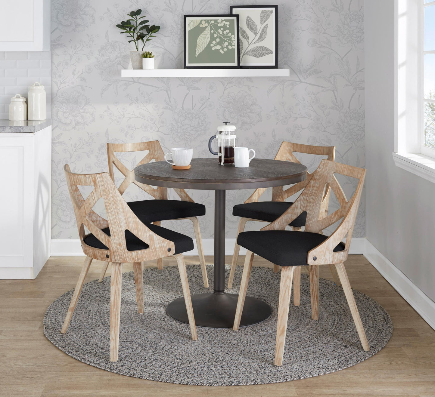 Dakota-Charlotte Contemporary 5 Piece Dining Set in Antique Metal, Charcoal Fabric