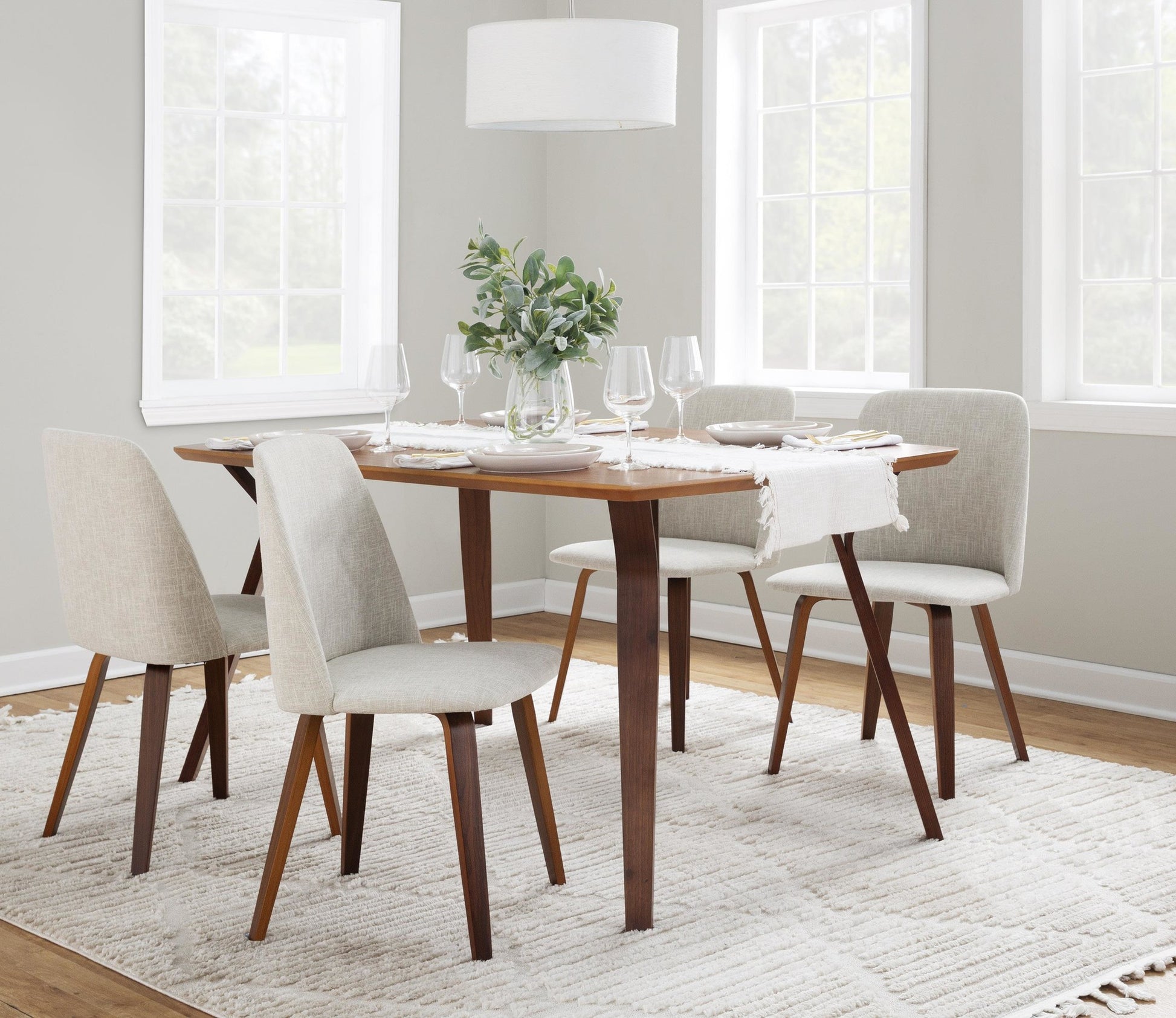 Folia-Toriano Mid-Century Modern Dining Set in Walnut Wood and Beige Fabric by LumiSource - 5 Piece