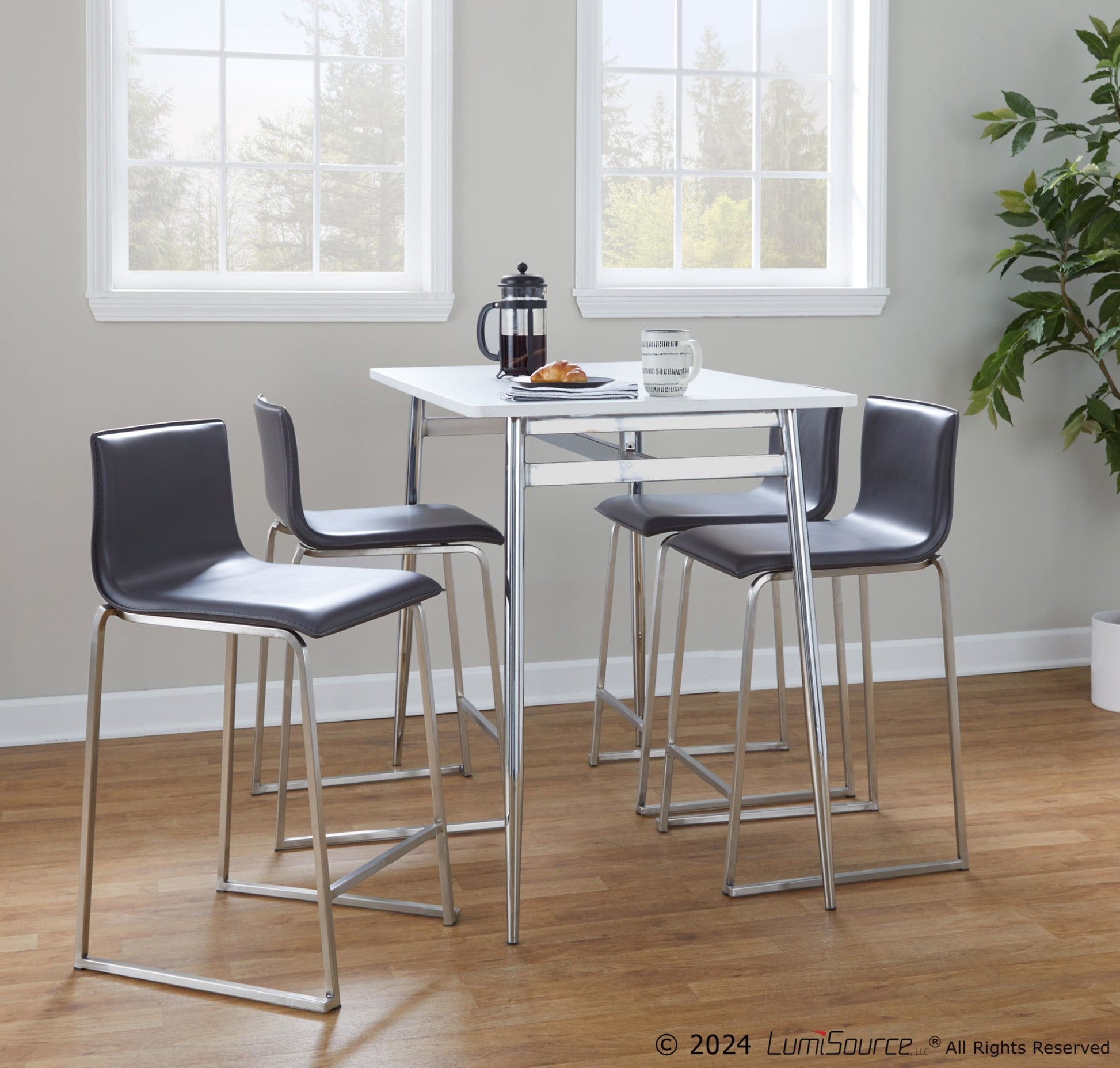 Marcel-Mara Upholstered Contemporary Counter Height Dining Set in Chrome Metal with White Wood Tabletop and Stainless Steel with Grey Faux Leather by LumiSource - 5 Piece