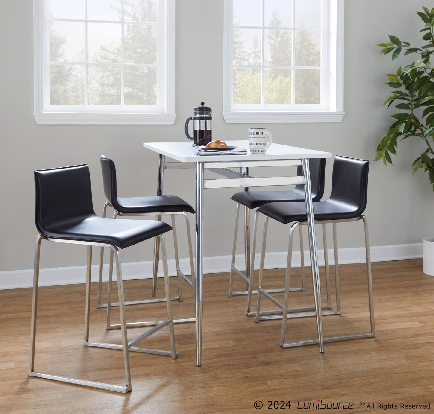 Marcel-Mara Upholstered Contemporary Counter Height Dining Set in Chrome Metal with White Wood Tabletop and Stainless Steel with Black Faux Leather by LumiSource - 5 Piece