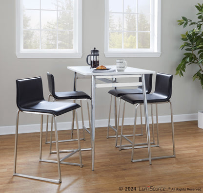 Marcel-Mara Upholstered Contemporary Counter Height Dining Set in Chrome Metal with White Wood Tabletop and Stainless Steel with Black Faux Leather by LumiSource - 5 Piece