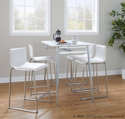Marcel-Mara Upholstered Contemporary Counter Height Dining Set in Chrome Metal with White Wood Tabletop and Stainless Steel with White Faux Leather by LumiSource - 5 Piece