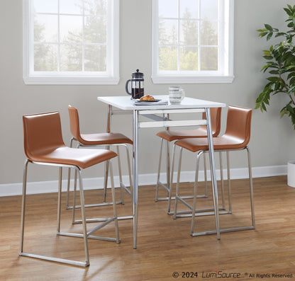 Marcel-Mara Upholstered Contemporary Counter Height Dining Set in Chrome Metal with White Wood Tabletop and Stainless Steel with Camel Faux Leather by LumiSource - 5 Piece