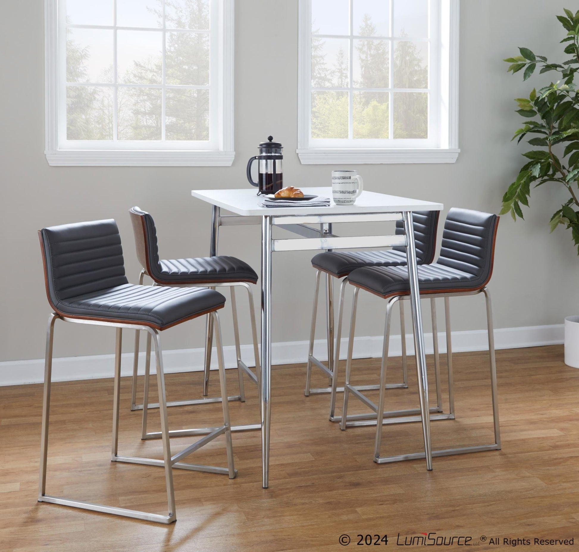 Marcel-Mara Contemporary Counter Height Dining Set in Chrome Metal with White Wood Tabletop and Walnut Wood with Grey Faux Leather by LumiSource - 5 Piece
