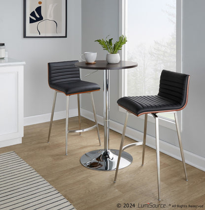 Mason Swivel Mid-Century Modern Counter Height Dining Set with Adjustable Table in Chrome Metal, Brown Wood Tabletop, Stainless Steel and Black Faux Leather by LumiSource - 3 Piece