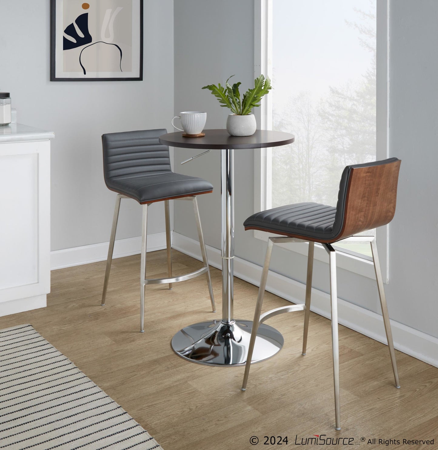 Mason Swivel Mid-Century Modern Counter Height Dining Set with Adjustable Table in Chrome Metal, Brown Wood Tabletop, Stainless Steel and Grey Faux Leather by LumiSource - 3 Piece