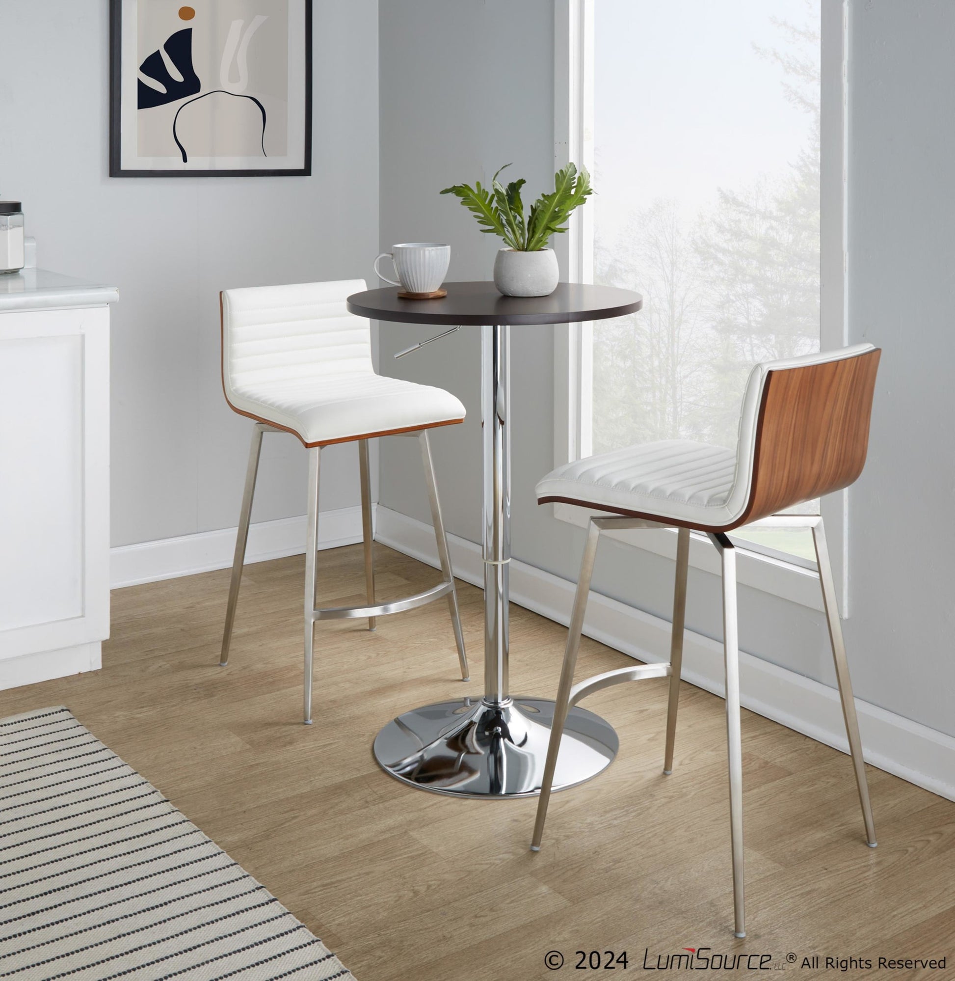 Mason Swivel Mid-Century Modern Counter Height Dining Set with Adjustable Table in Chrome Metal, Brown Wood Tabletop, Stainless Steel and White Faux Leather by LumiSource - 3 Piece