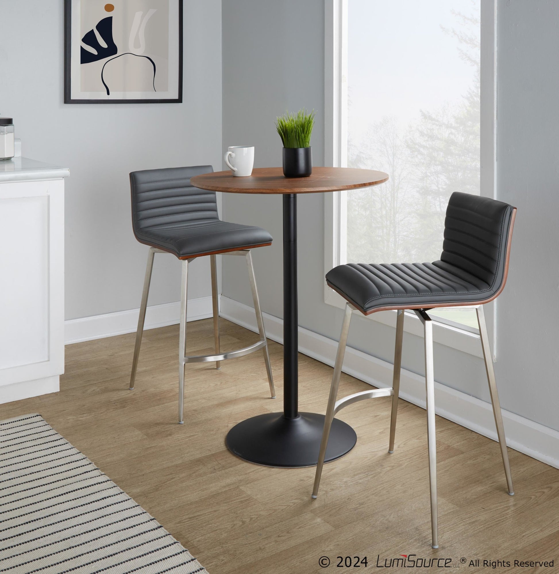 Pebble-Mason Swivel Mid-Century Modern Counter Height Dining Set with Adjustable Table in Black Metal with Walnut Wood Tabletop and Stainless Steel and Grey Faux Leather by LumiSource - 3 Piece