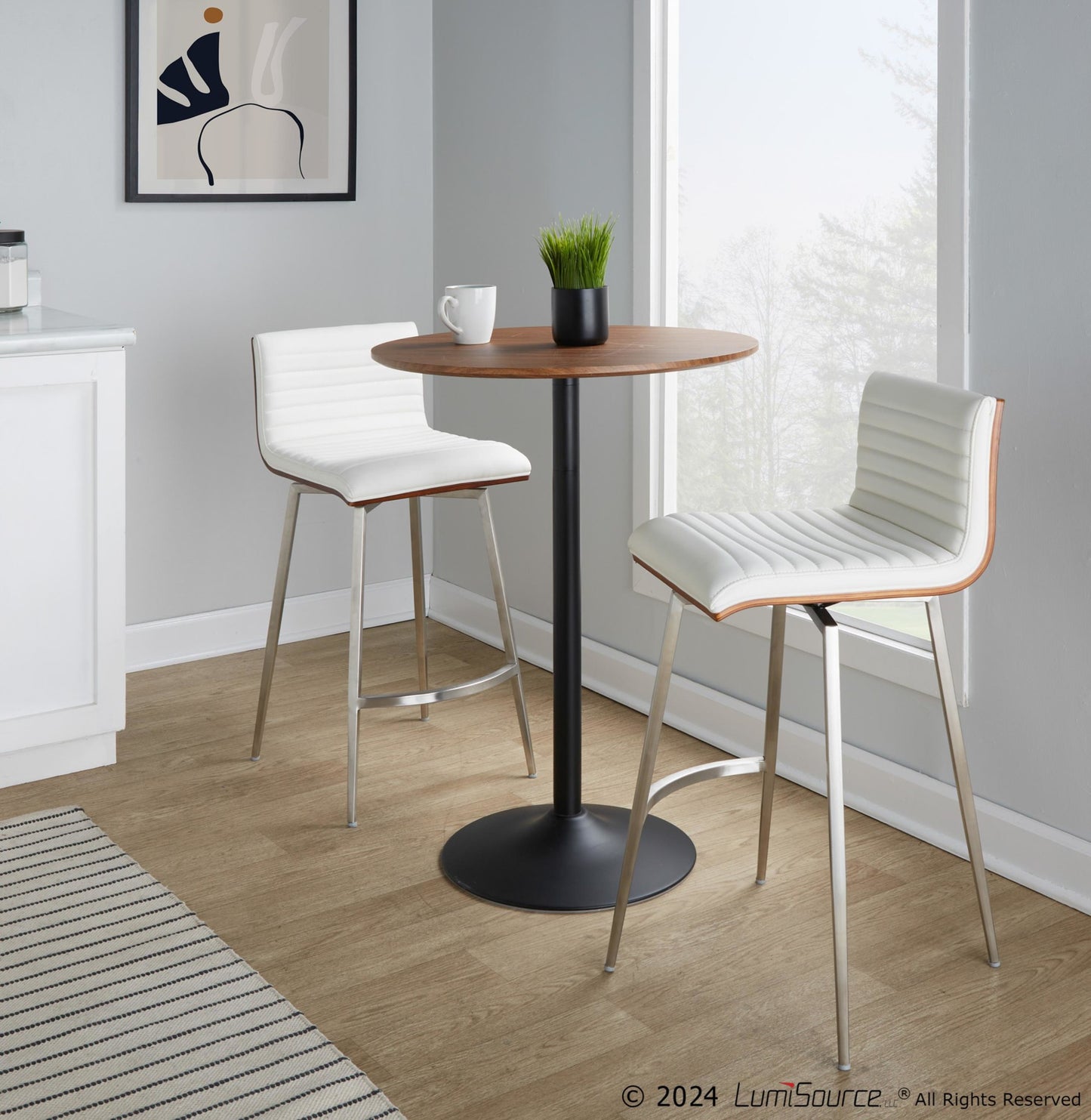 Pebble-Mason Swivel Mid-Century Modern Counter Height Dining Set with Adjustable Table in Black Metal with Walnut Wood Tabletop and Stainless Steel and White Faux Leather by LumiSource - 3 Piece