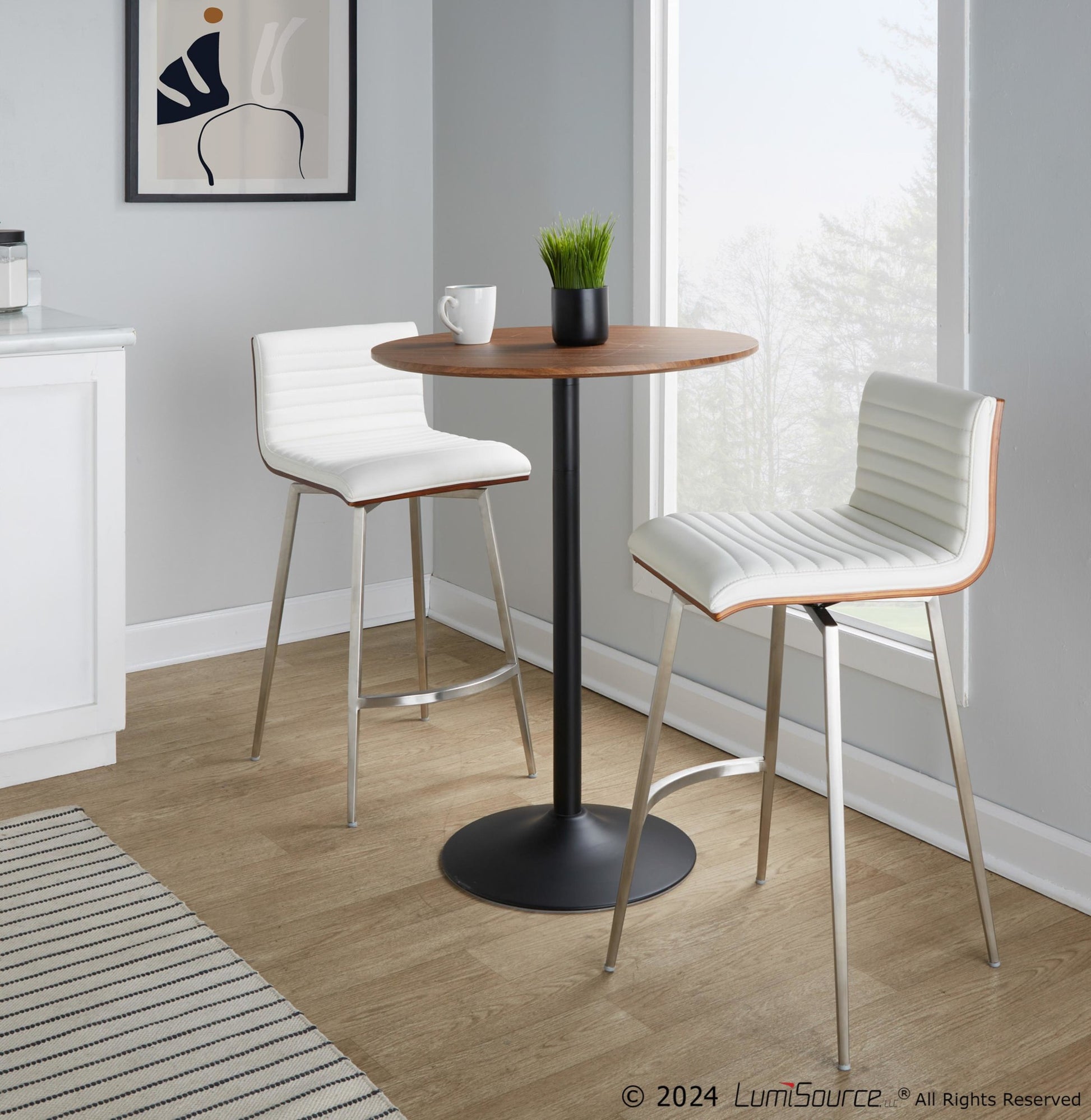 Pebble-Mason Swivel Mid-Century Modern Counter Height Dining Set with Adjustable Table in Black Metal with Walnut Wood Tabletop and Stainless Steel and White Faux Leather by LumiSource - 3 Piece