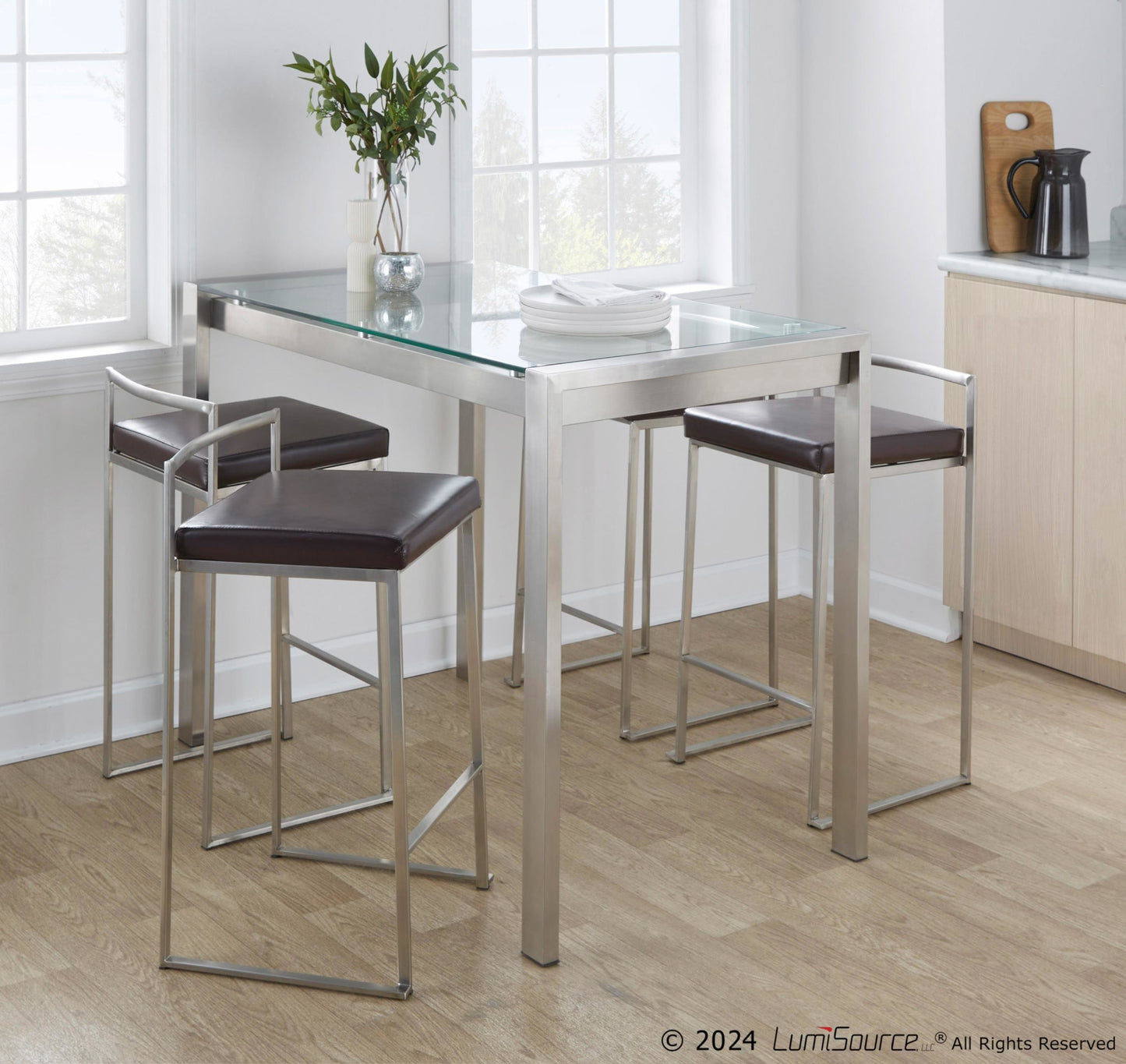 Fuji 5-Piece Contemporary Counter Height Dining Set in Stainless Steel and Brown by LumiSource