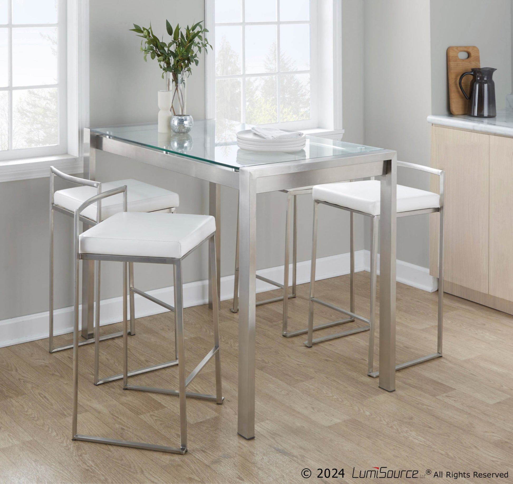 Fuji 5-Piece Contemporary Counter Height Dining Set in Stainless Steel and White by LumiSource