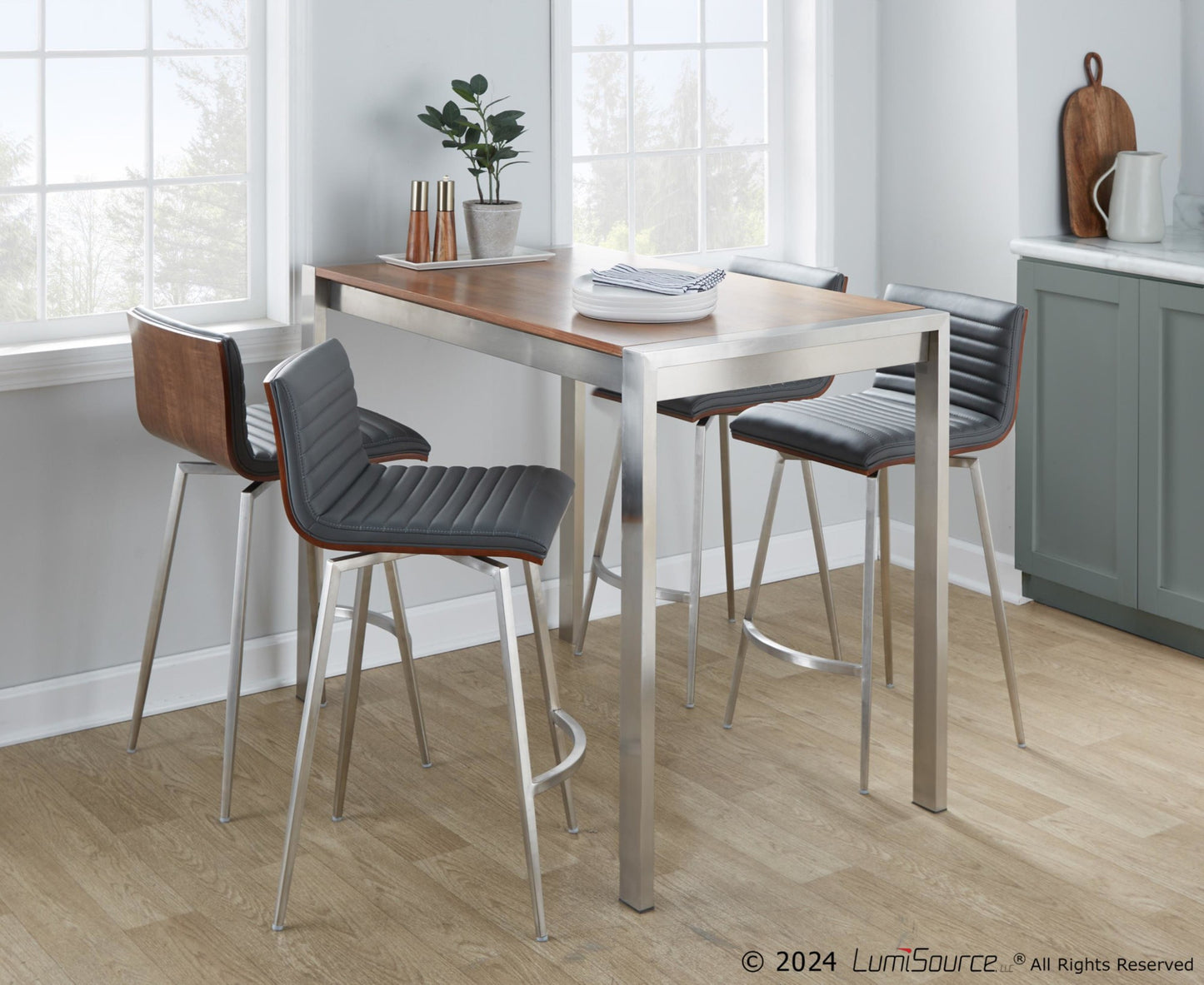 Mason 5-Piece Contemporary Counter Set in Stainless Steel, Walnut, and Grey Faux Leather by LumiSource