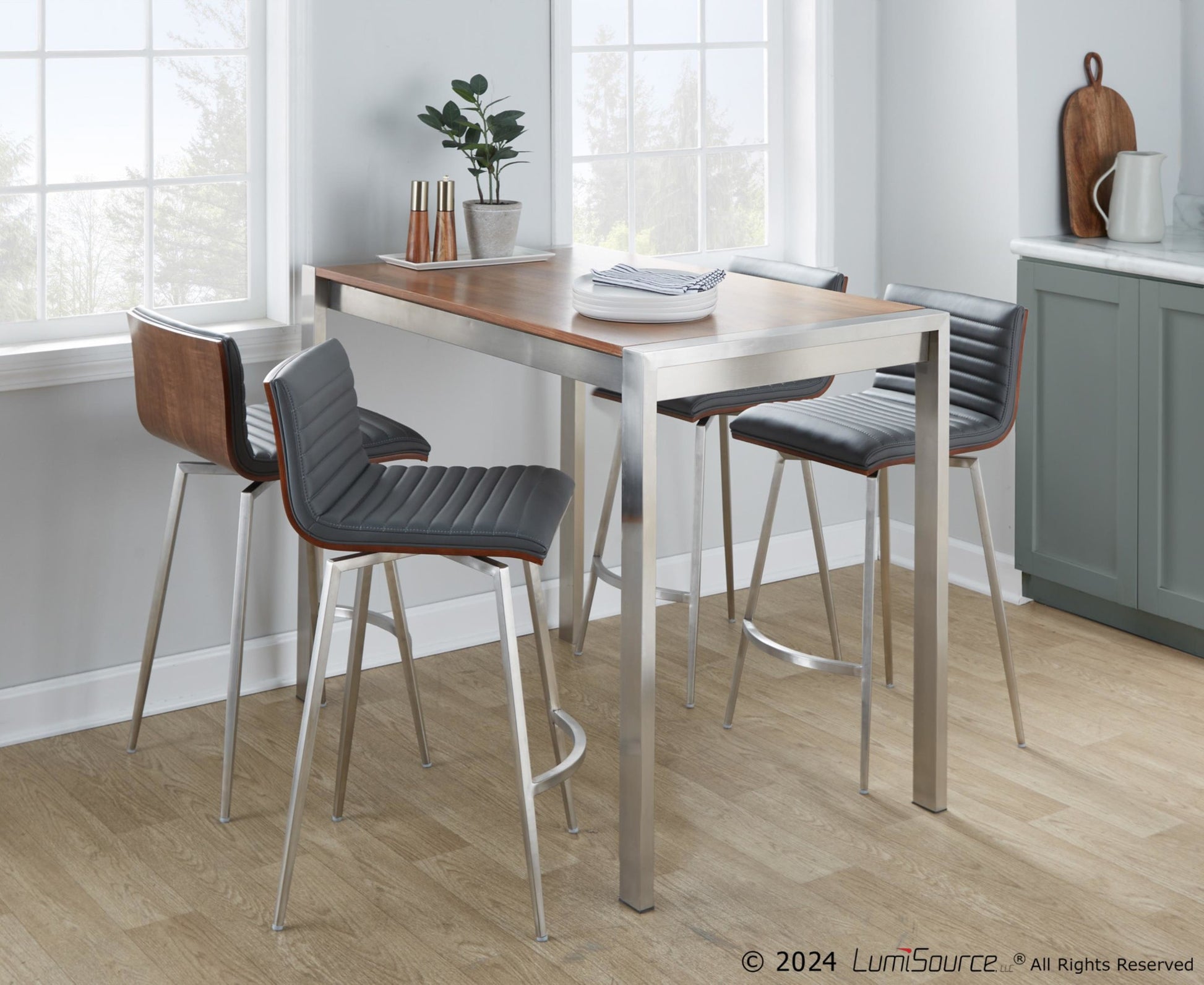 Mason 5-Piece Contemporary Counter Set in Stainless Steel, Walnut, and Grey Faux Leather by LumiSource