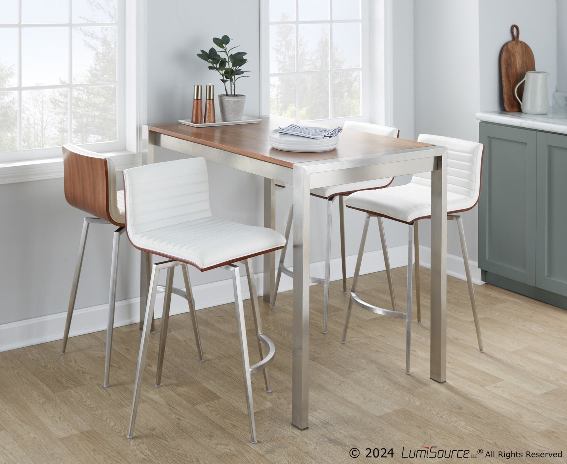 Mason 5-Piece Contemporary Counter Set in Stainless Steel, Walnut, and White Faux Leather by LumiSource