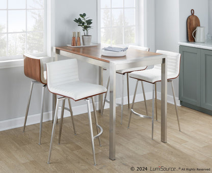 Mason 5-Piece Contemporary Counter Set in Stainless Steel, Walnut, and White Faux Leather by LumiSource