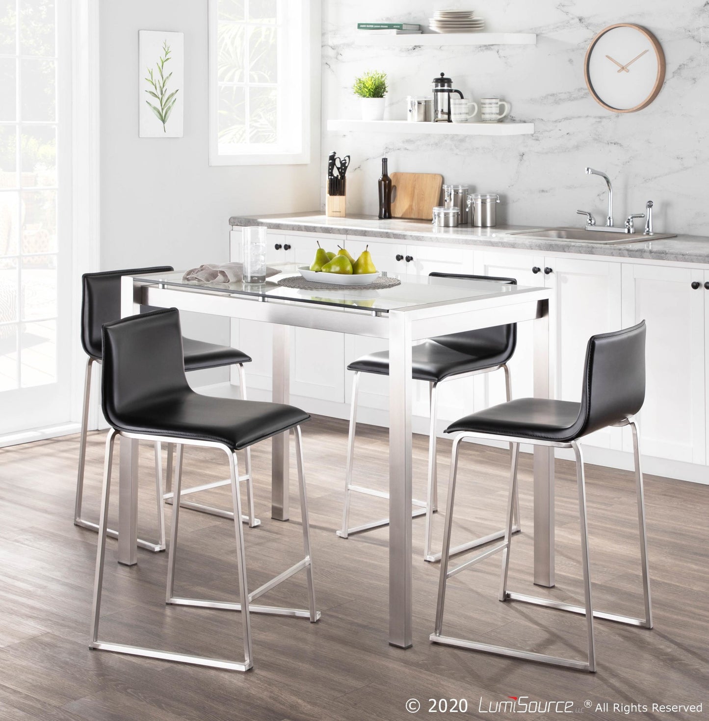 Fuji-Mara Upholstered Contemporary Counter Height Dining Set in Brushed Stainless Steel, Clear Tempered Glass Tabletop and Black Faux Leather by LumiSource - 5 Piece