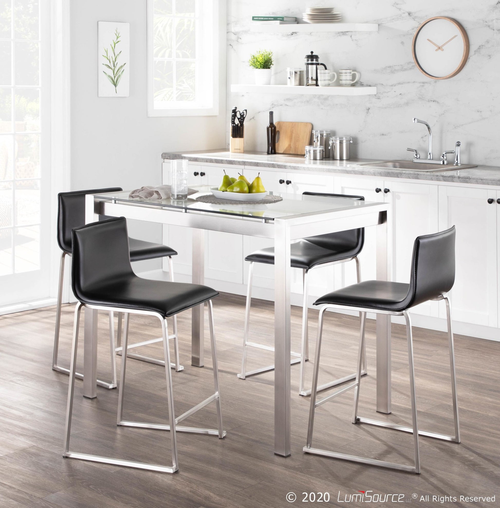 Fuji-Mara Upholstered Contemporary Counter Height Dining Set in Brushed Stainless Steel, Clear Tempered Glass Tabletop and Black Faux Leather by LumiSource - 5 Piece