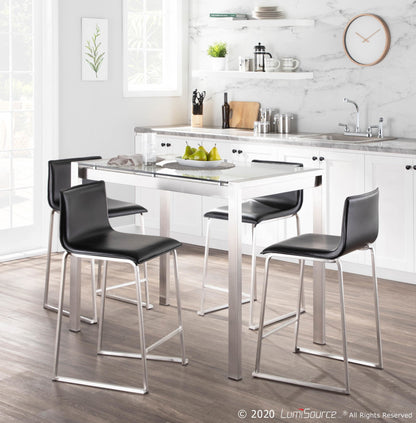 Fuji-Mara Upholstered Contemporary Counter Height Dining Set in Brushed Stainless Steel, Clear Tempered Glass Tabletop and Black Faux Leather by LumiSource - 5 Piece