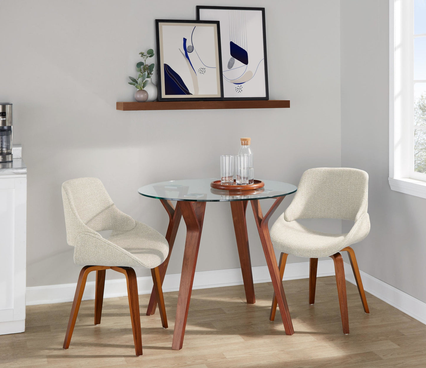 Folia Round Fabrico Mid-Century Modern  3 Piece Dining Set, Cream Noise Fabric