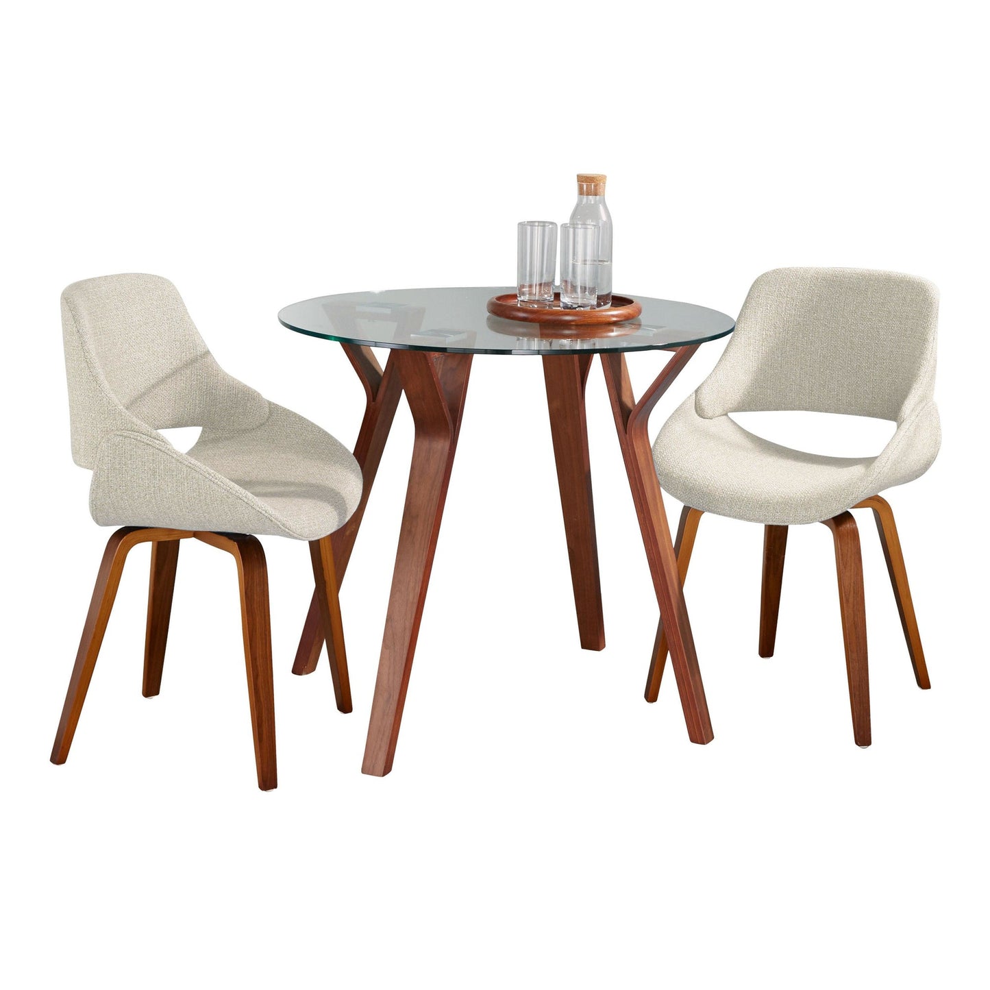Folia Round Fabrico Mid-Century Modern  3 Piece Dining Set, Cream Noise Fabric