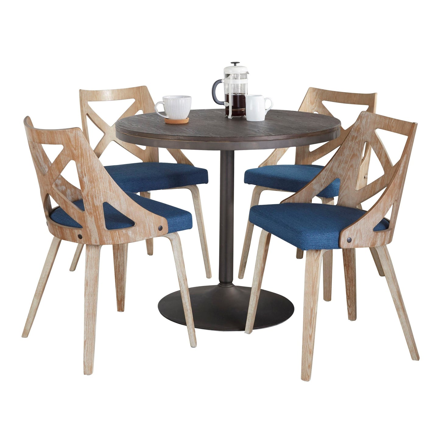 Dakota-Charlotte Contemporary 5 Piece Dining Set in Antique Metal, Blue Fabric