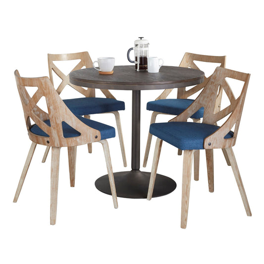 Dakota-Charlotte Contemporary 5 Piece Dining Set in Antique Metal, Blue Fabric