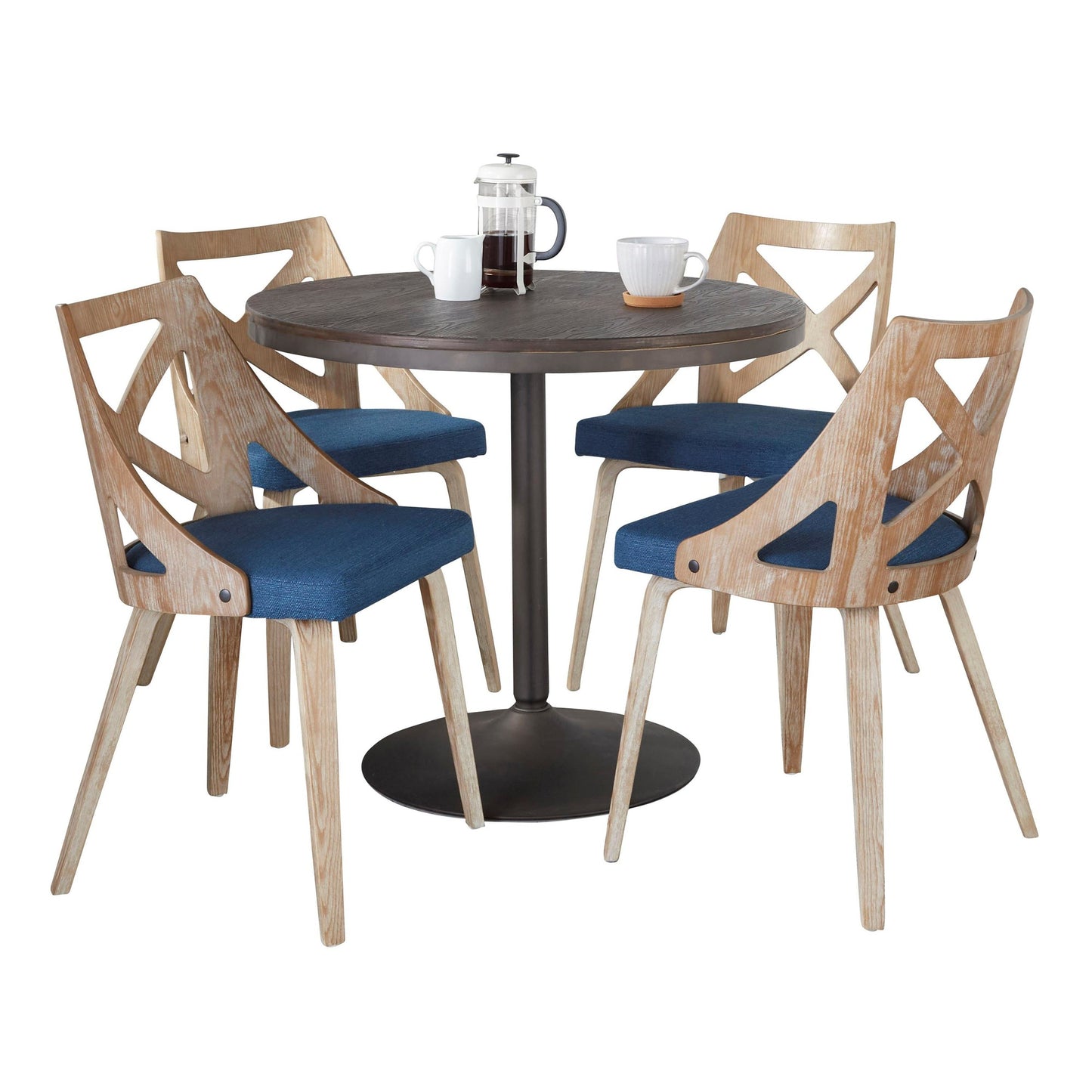 Dakota-Charlotte Contemporary 5 Piece Dining Set in Antique Metal, Blue Fabric