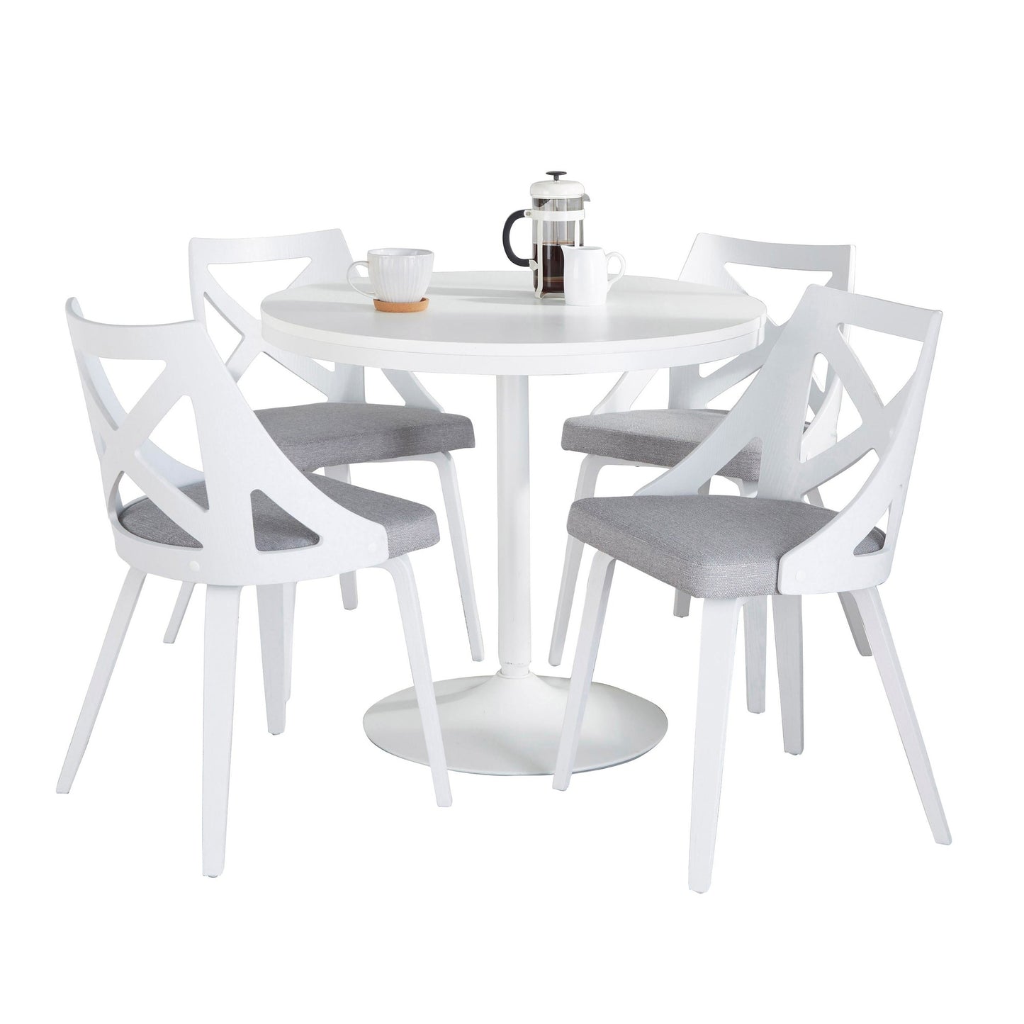 Dakota-Charlotte Contemporary 5 Piece Dining Set in White Steel, Light Grey Fabric