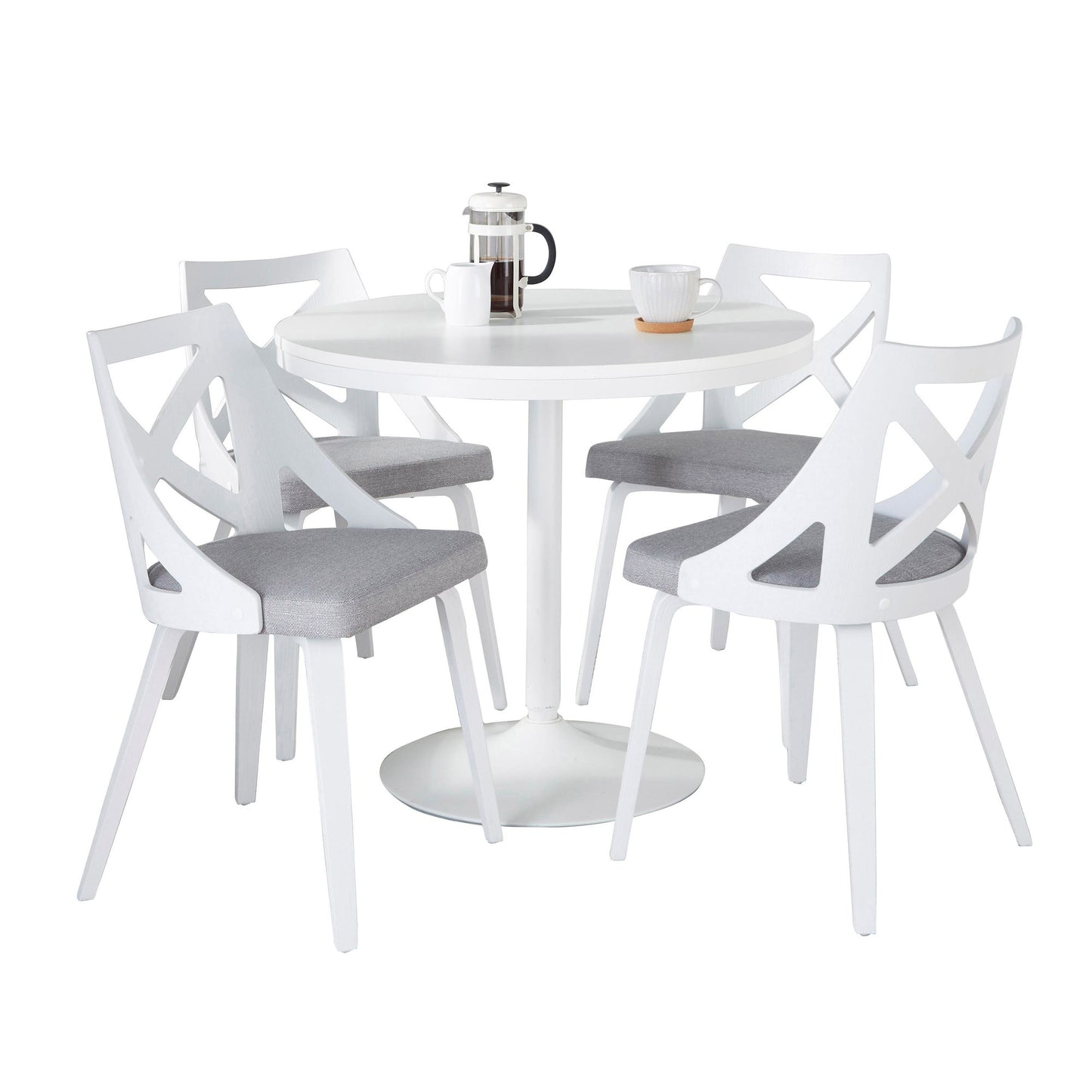 Dakota-Charlotte Contemporary 5 Piece Dining Set in White Steel, Light Grey Fabric